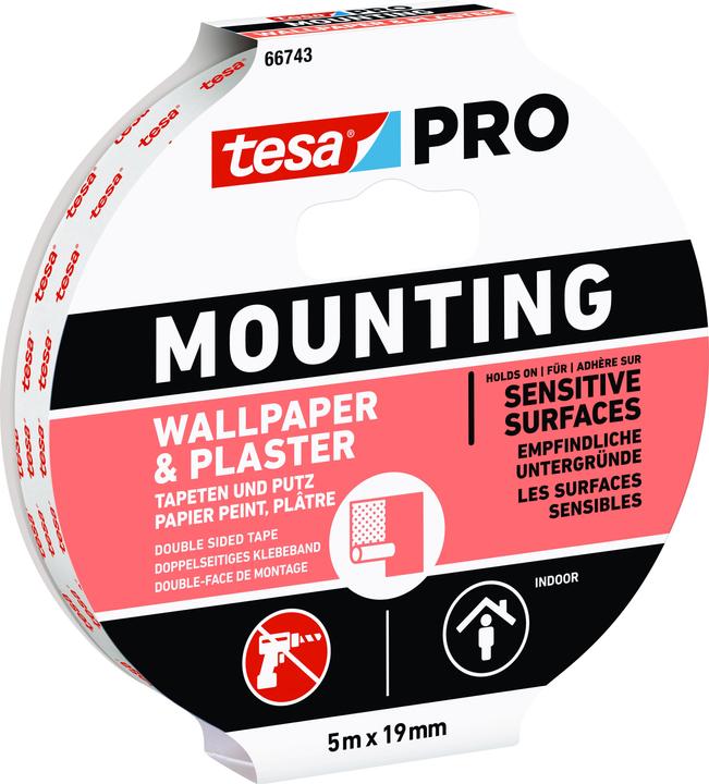 tesa PRO Mounting Montageband für Tapete & Putz, doppelseitig, selbstklebend (19 mm)