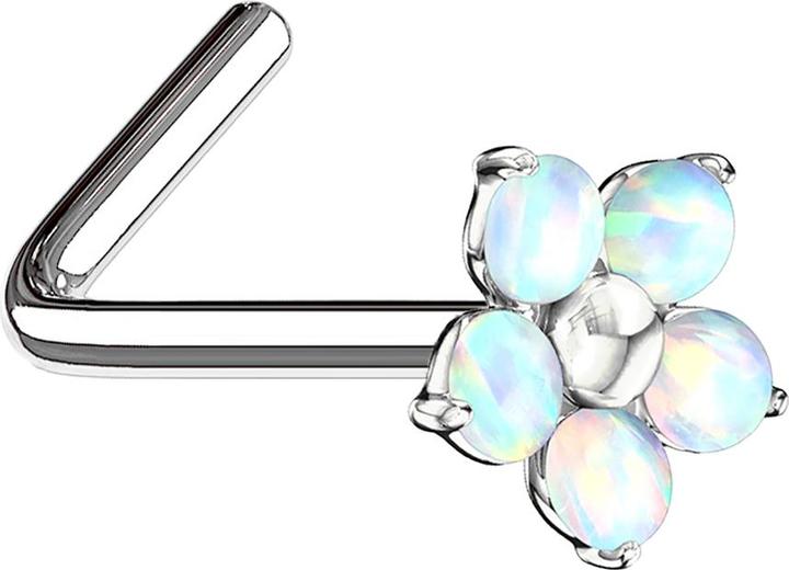 Star Piercing Nasenstecker gewinkelt silber Opal Blume weiss (Chirurgenstahl 316L, Messing)