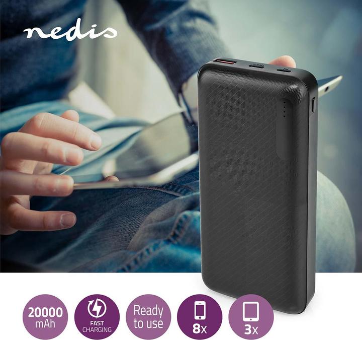 Immagine prodotto Nedis Powerbank | 20000 mAh | 2x 3.0 A | Numero di uscite: 2 | Connessione di uscita: 1x USB-A / 1x U (20000 mAh, 18 W, 74 Wh)