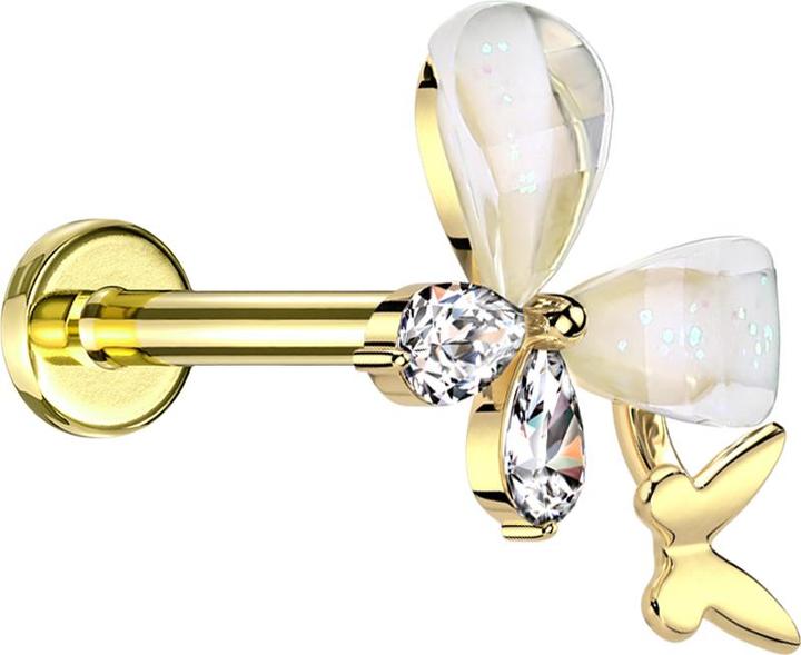 Produktbild Star Piercing Micro Threadless Labret vergoldet zwei Schmetterlinge vergoldet Kristalle silber (Chirurgenstahl 316L, Messing)
