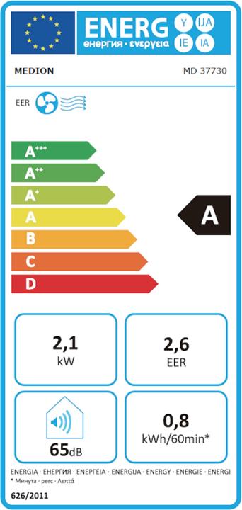 Energie-Label Medion LIFE® E701 KLIMAANLAGE (MD 37730) Kühlen, Entfeuchten und Ventilieren, Kühlleistung 7.000 BTU, Kühlm (25 m², 7000 BTU/h)