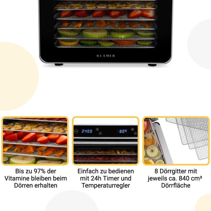 Image du produit KLAMER Premium Dörrautomat XL 700W, 8 extra grosse Einlegefächer aus Edelstahl