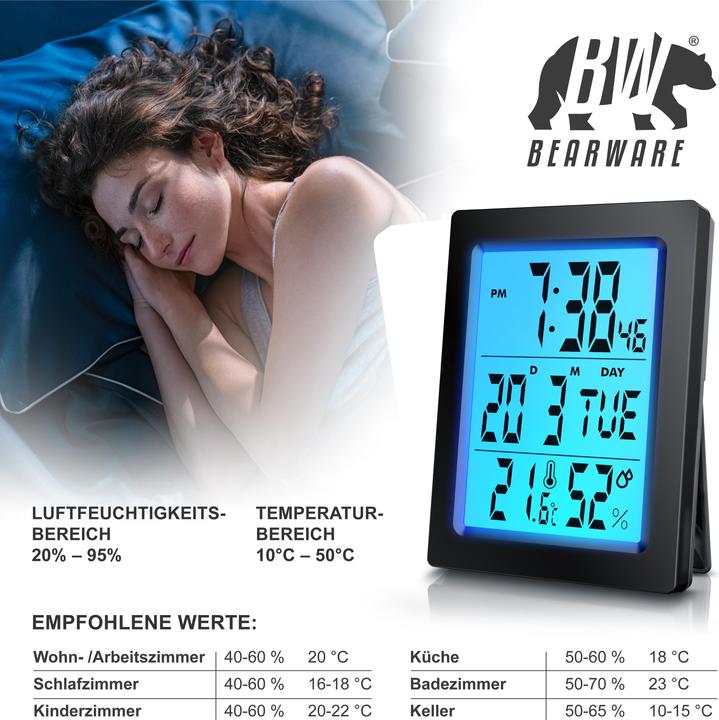Produktbild Bearware Wecker digital, Reisewecker, Temperaturanzeige, Temperatur Luftfeuchte, 2 Alarme, Netzteil+Akku