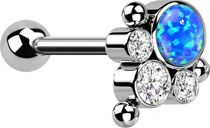 Star Piercing Micro Barbell Threadless silber mit Kugel und drei Kugeln drei Kristalle silber Opal blau (Titan G23, ohne Messing)