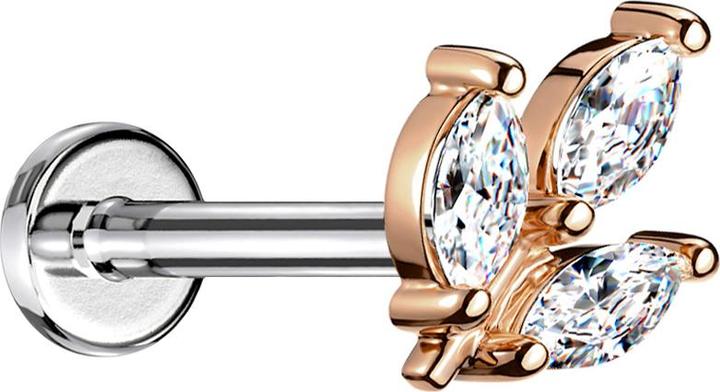 Star Piercing Micro Threadless Labret silber Blatt rosegold drei Ovale Kristalle silber (Chirurgenstahl 316L, Messing)