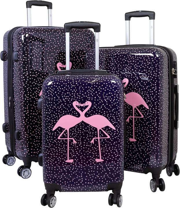 Immagine prodotto Trendyshop365 3-teiliges Hartschalen-Kofferset mit Flamingo-Motiv (94 l, Bagaglio a mano (fino a 50 litri), M (50 - 90l), L (90 - 115l))