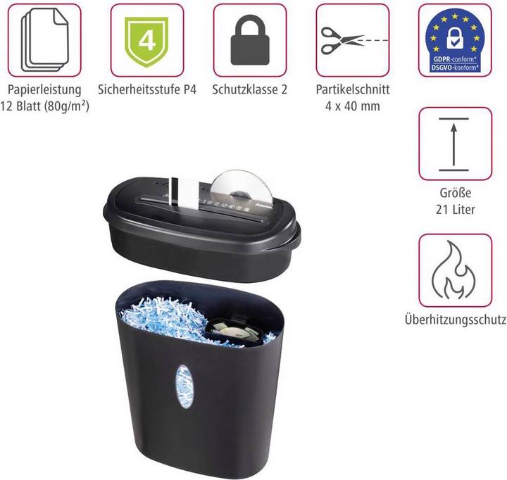 Produktbild Hama Aktenvernichter Home X12CD Streifenschnitt 4 x 40 mm 21 l Blattanzahl (max.): 13 Sicherheitsstufe (Streifenschnitt)