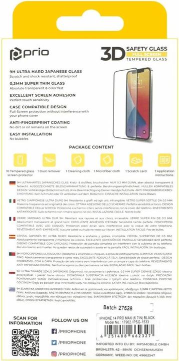 Actual product image prio 10x 3D tempered glass screen protector for iPhone 14 Pro Max (6.7 inch) black (10 Piece, Apple iPhone 14 Pro Max)
