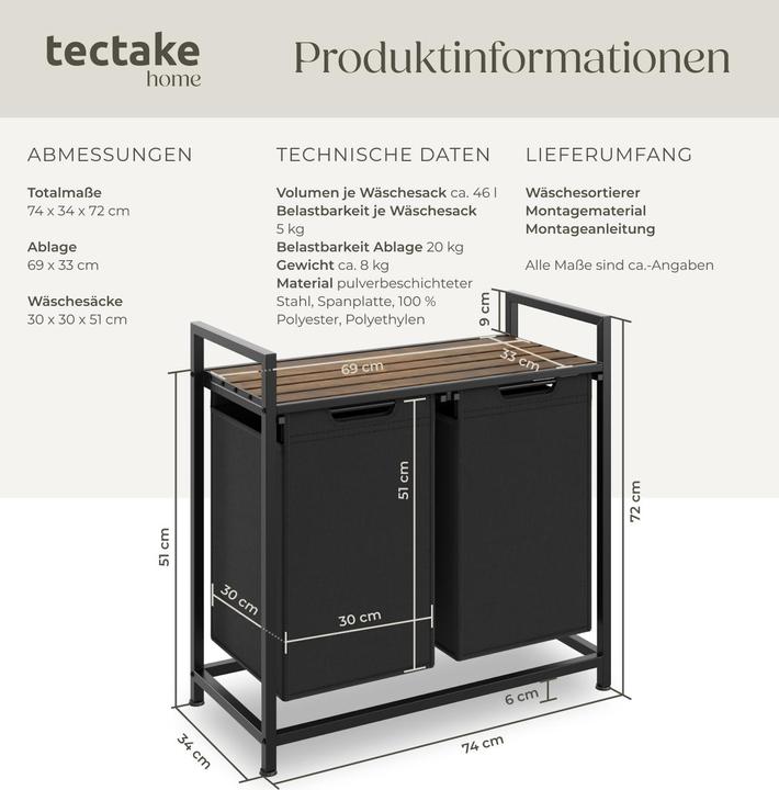 Produktbild tectake Wäschesortierer mit Ablage (46 l)