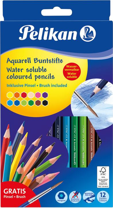 Produktbild Pelikan Buntstifte Aquarell (Orange, Gelb, Hautfarbe, Violett, Dunkelgrün, Pink, Schwarz, Rot, Hellgrün, Braun, Dunkelblau, Hellblau, 12 x)