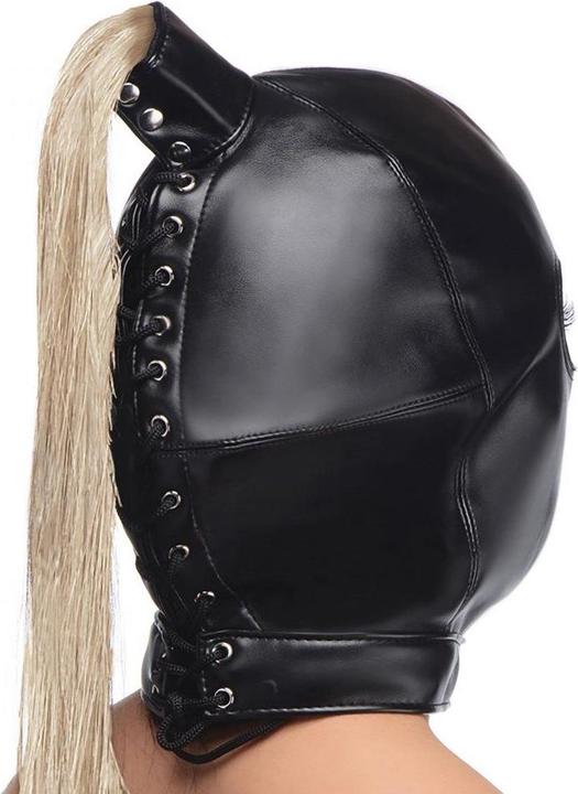 Actual product image XR Brands Blonde Pferdeschwanz Bondage Haube Schwarz