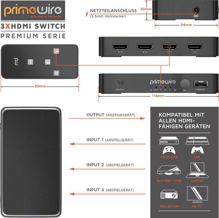 Produktbild Primewire HDMI Switch 4k 60Hz Ultra HD, 2 Port, Verteiler mit Fernbedienung, 4K, 3D, CEC, ARC