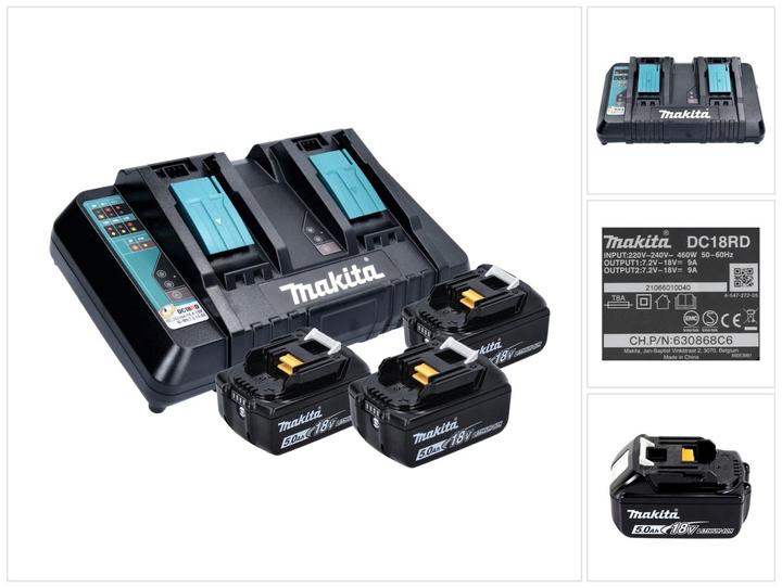 1x Makita DC 18 RD Doppel Schnellladegerät 14,4 V - 18 V LXT ( 196933-6 ) - 3x Makita BL 1850 B 18 V 5,0 Ah Akku