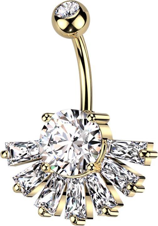 Star Piercing Banane vergoldet mit Kugel Kristall silber und Fächer Kristalle Baguette silber (Messing, Chirurgenstahl 316L)