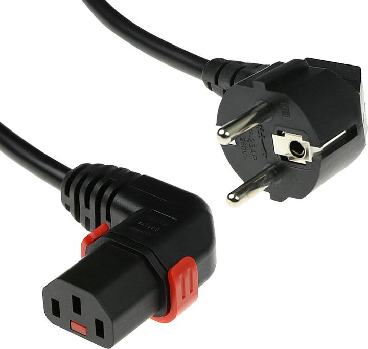 Actual product image Iec Lock 230V Powercord CEE 7/7 male(angled) to C13 (right angled) lockable, black, 1 meter (1 m)