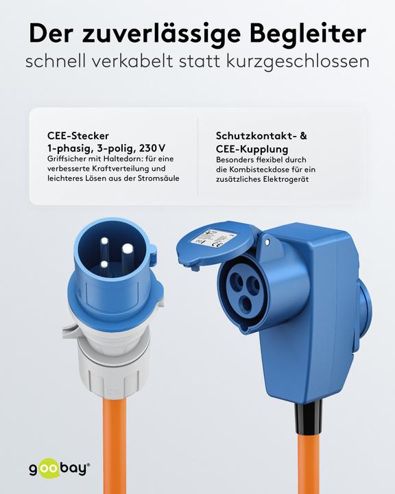 Produktbild Goobay CEE-Adapterleitung, CEE-Stecker auf 90° CEE-Kupplung und Schutzkontakt-Kupplung, 5 m (5 m, CEE 7/3)