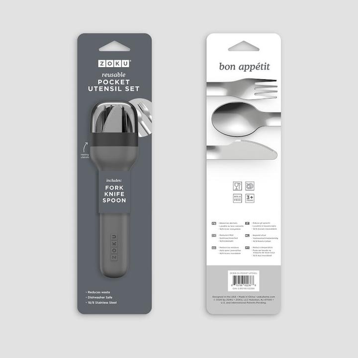 Produktbild ZOKU Besteck-Set To Go, 3-teilig Charcoal (3 Stück, Besteck Set)