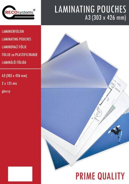 Immagine prodotto RECOsystems Laminierfolien, 303 mm x 426 mm, DIN A3, Stärke 2 x 125 Micron, glänzend (A3, 100 Pezzo/i, 125 µm)