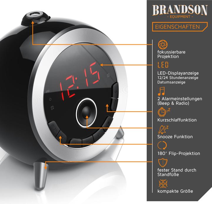 Produktbild Brandson Projektionswecker, digitaler Retro Radiowecker mit Projektion, FM Radio, kompakte Grösse, schwarz