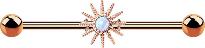 Star Piercing Barbell rosegold mit Sonnenstrahlen und Opal weiss (Messing, Chirurgenstahl 316L)