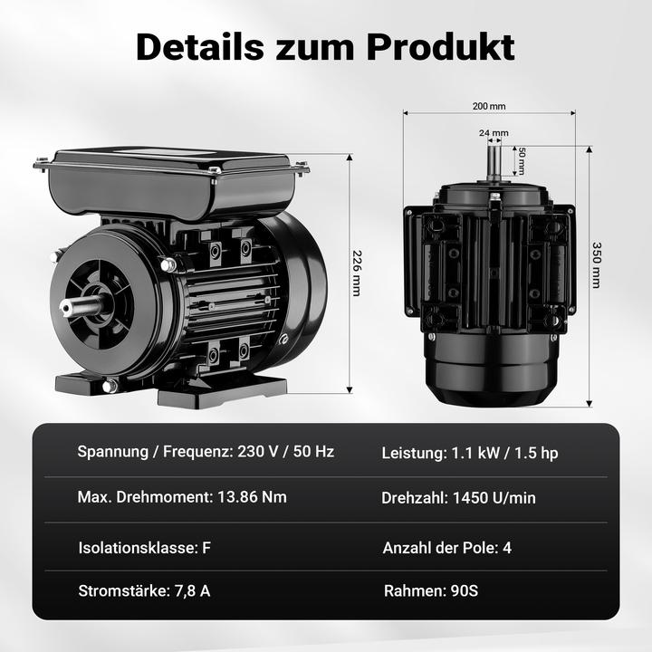 Produktbild Wiltec Elektromotor 1-phasig 4-polig Elektro Motor 1,1kW Einphasenmotor Motor