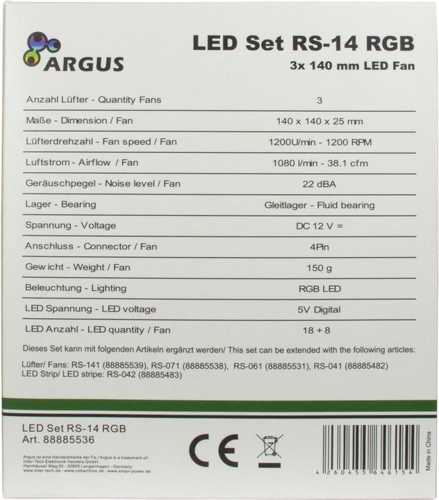 Nährwerte und Zutaten Intertech Inter-Tech Argus RGB-Fan Set RS-14 Computergehäuse Ventilator 14 cm Schwarz (140 mm, 3 x)