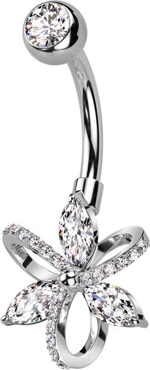 Star Piercing Banane silber mit Kugel Kristall silber und Blütenblätter Kristalle silber in Masche (Chirurgenstahl 316L, Messing)