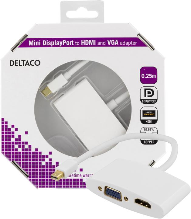 Produktbild Deltaco DP-HDMIVGA1-K video cable adapter Mini DisplayPort HDMI + VGA (D-Sub) White (HDMI, Mini DP, 25 cm)
