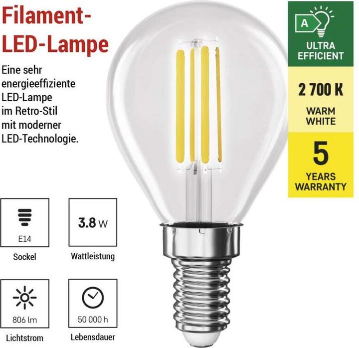 Energie-Label Emos LED Lampe Filament Mini Globe A CLASS / E14 / 3,8 W (60 W) / 806 lm / Warmweiss (E14, 3.80 W, 806 lm, 1 x, A)