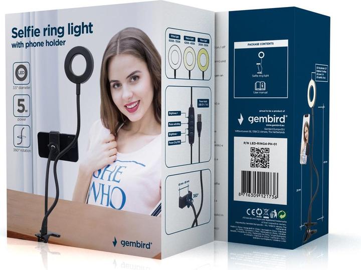 Produktbild Gembird MOBILE ACC SELFIE RING&HOLDER/LED-RING4-PH-01