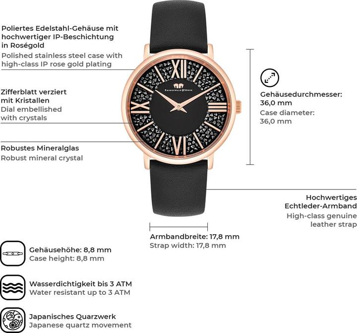Produktbild Damen Quarzuhr Pamina Echtleder schwarz - 23878 (Analoguhr, 36 mm)