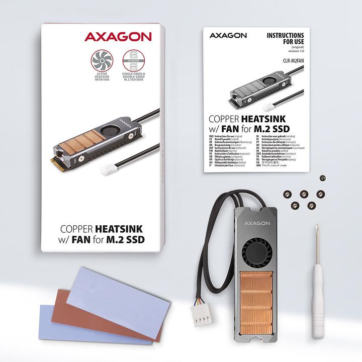 Produktbild Axagon CLR-M2FAN computer cooling system Solid-state drive Heatsink/Radiatior Grey 1 pc(s)