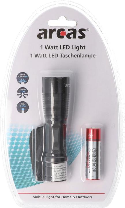 Actual product image Arcas 1 watt LED torch black including alkaline battery