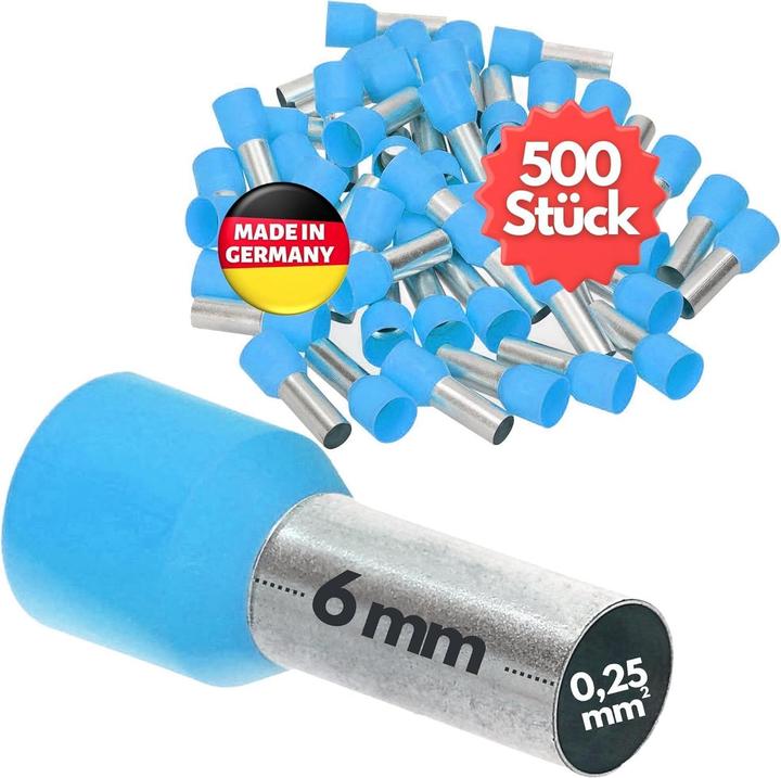 Kalitec 500 Stück AE02506HBL Aderendhülsen isoliert 0,25mm² 6mm lang hellblau I Made in Germany I In