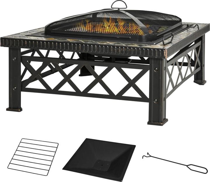 Produktbild Outsunny Feuerschale mit Funkenschutz und Grillrost (76 cm)