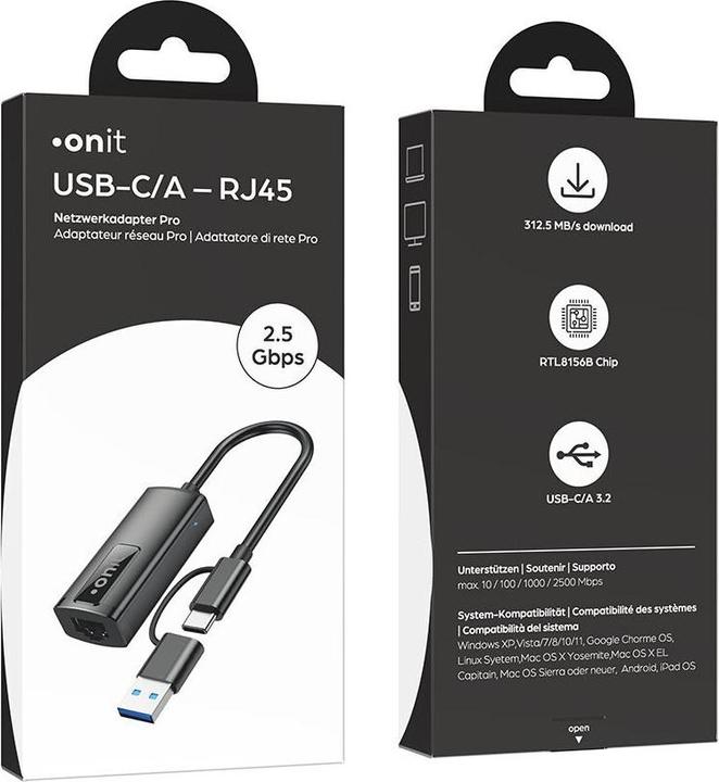 Produktbild Onit Netzwerk-Adapter Pro USB-C/A – RJ45 2.5G-LAN (USB, USB 3.1, RJ45 2.5 Gigabit Ethernet (1x))