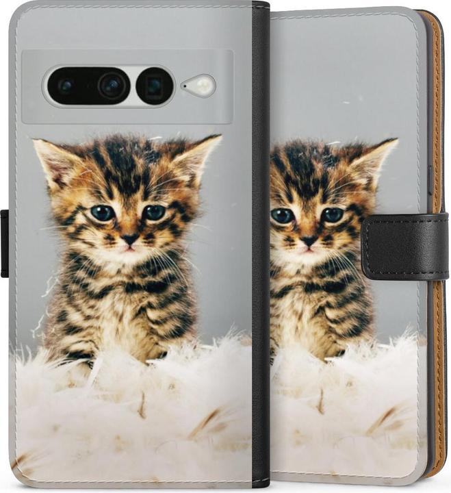 Produktbild DeinDesign Tasche für Google Pixel 7 Pro Handy Flip Case Wallet Cover Handytasche Leder Feder Haustier Katze (Google Pixel 7 Pro)