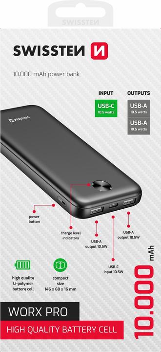 Produktbild Swissten Power Bank 10000 Mah Worx Pro Black (10000 mAh, 10.50 W, 37 Wh)