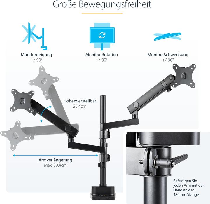 Productafbeelding StarTech com ARMDUALPIVOT, klem, 16 kg, 81,3 cm (32 inch), 100 x 100 mm, hoogteverstelling, Zwart (Tabel, 32")