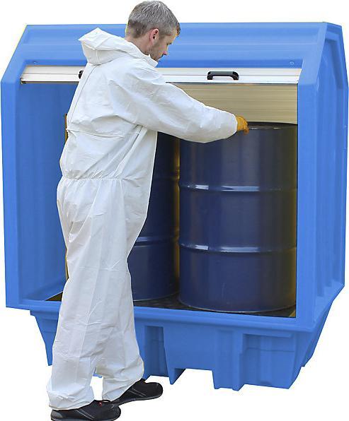 Actual product image kaiserkraft PE hazardous goods storage unit with roller shutter, for 4 x 200 l drums (230 l)