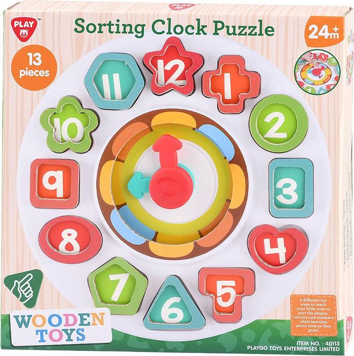 Productafbeelding Play Houten sorteervormen en leerklok, 13 stuks.