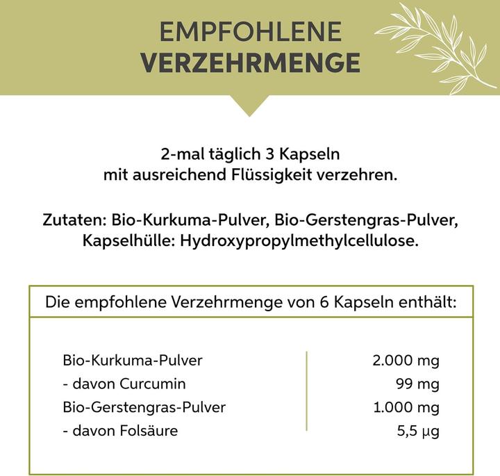 Nutritional values and ingredients Eltabia Organic turmeric barley grass capsules | 100% pure without additives (200 Piece, Capsules, 100 g)