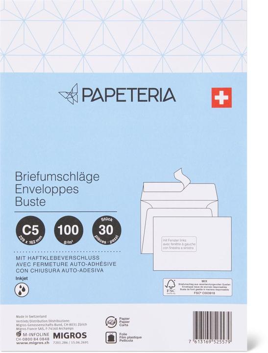 Image du produit Papeteria C5 Briefumschläge mit Fenster links (C5, 30 x)