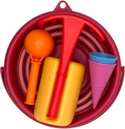 Actual product image Schildkröt Sand Toys folding bucket set red 9x22 cm, 7 parts, bucket 3l, sieve, accessories, from 18 months
