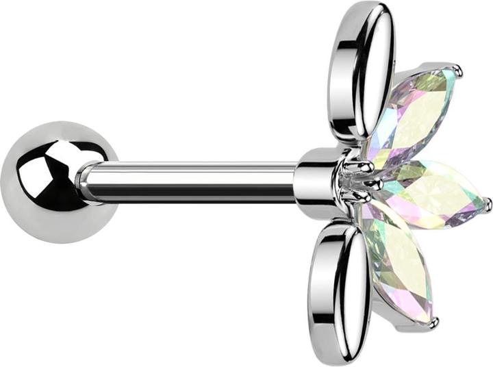 Star Piercing Micro Barbell silber mit Kugel und Fächer silber drei ovale Kristalle multicolor (Chirurgenstahl 316L, Messing)