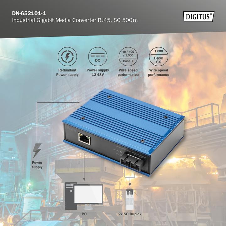 Produktbild Digitus Industrieller Gigabit Medien Konverter RJ45, SC 0.5km (1 Ports)