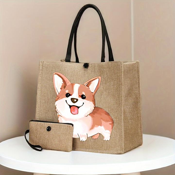 Only-Bags.Store 2 Stück Hundedruck Canvas Tote Bags - Leichte Reise- und Strandtaschen mit Schnallenverschluss
