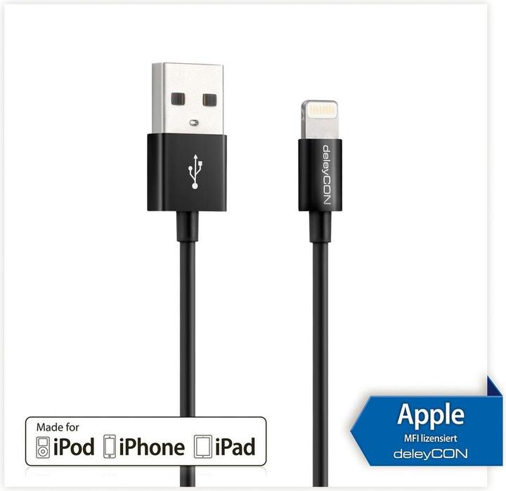 Produktbild deleyCON Lightning-USB Kabel 2m, schwarz (2 m, USB 2.0)