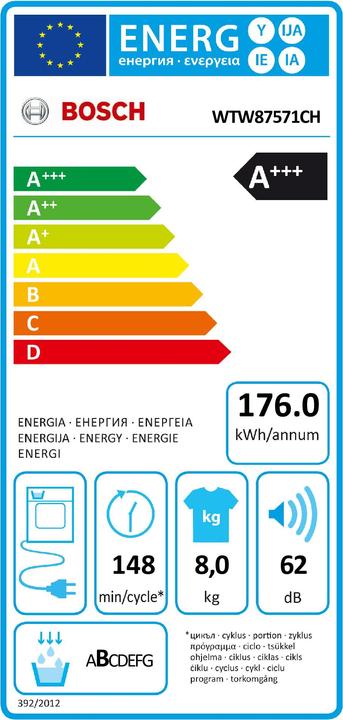 Energie-Label Bosch Hausgeräte Wtw87571ch (8 kg, Rechts, CH-Stecker)