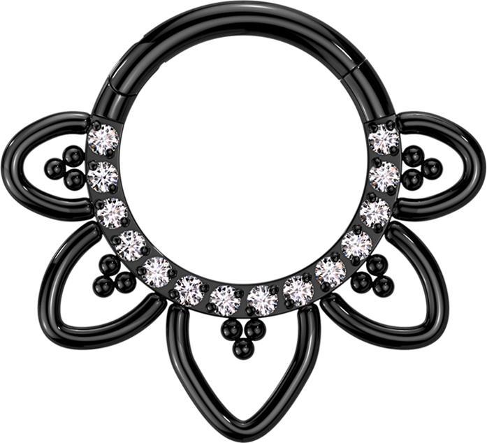 Produktbild Star Piercing Micro Segmentring klappbar schwarz front Kristalle silber filigrane Herzen (ohne Messing, Titan G23)